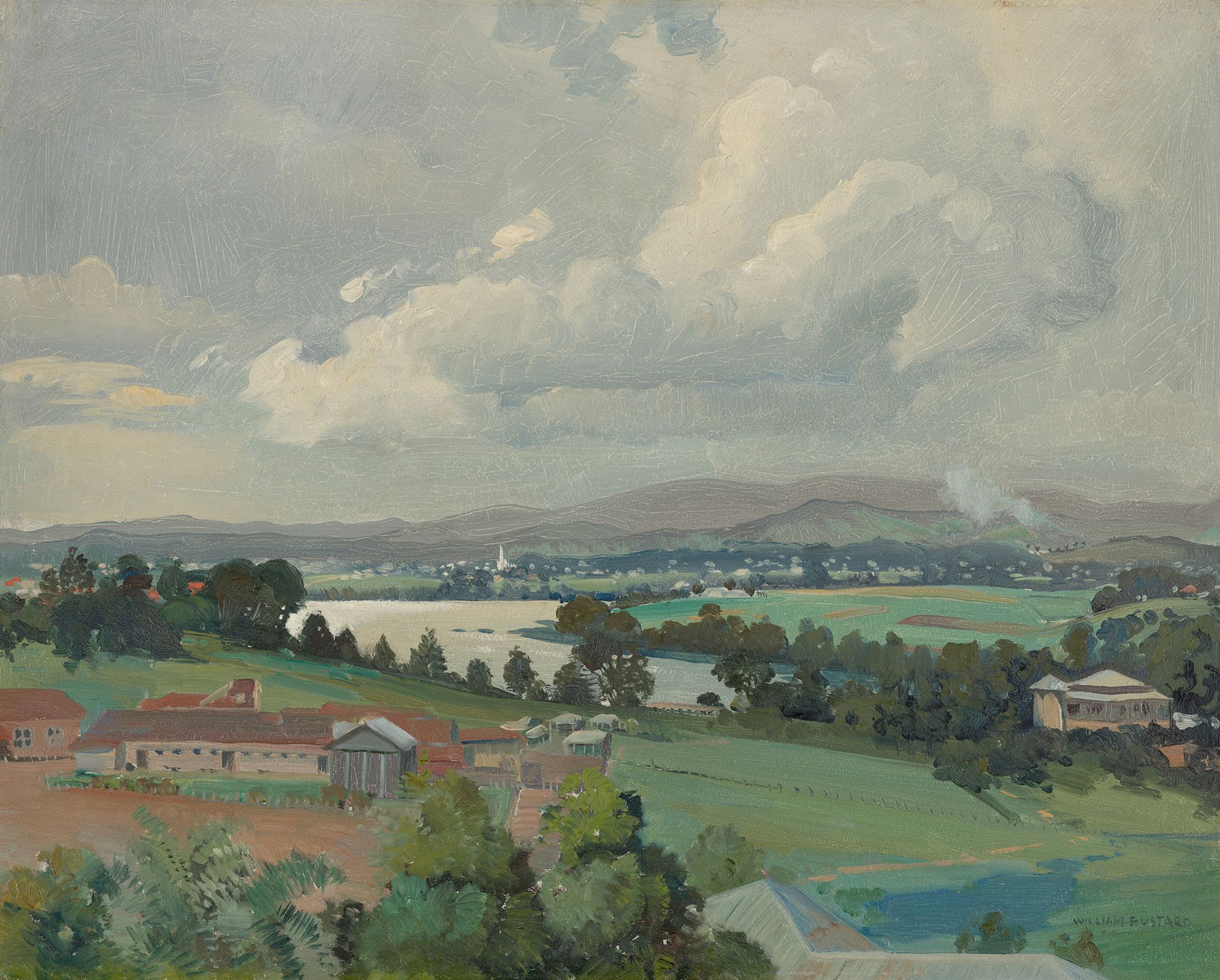 William Bustard, England/Australia 1894–1973 / (Brisbane River, view to Graceville church) c.1940s / Oil on board / 39 x 49cm / Purchased 2005 / Collection: Queensland Art Gallery | Gallery of Modern Art / © William Bustard Estate