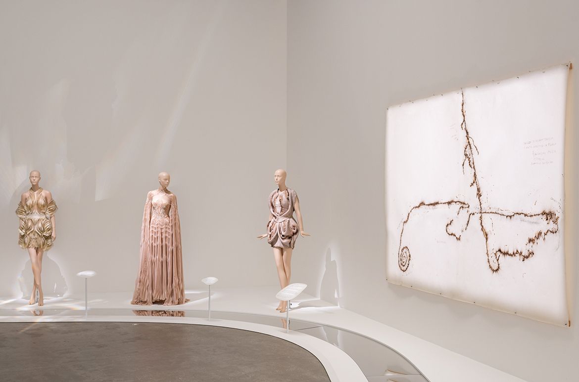 Cai Guo-Qiang’s Explosion Process Drawing for Dragon or Rainbow Serpent: A Myth Glorified or Feared: Project for Extraterrestrials No. 28 1996 installed in ‘Iris van Herpen: Sculpting the Senses’, GOMA 2024 / Photograph: N Umek © QAGOMA