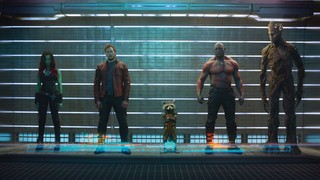Film still from Guardians of the Galaxy 2014 with Gamora (Zoe Saldana), Peter Quill/Star-Lord (Chris Pratt), Rocket Raccoon (voiced by Bradley Cooper), Drax The Destroyer (Dave Bautista) and Groot (voiced by Vin Diesel) / © 2017 MARVEL