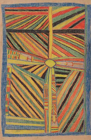 Mowarra Ganambarr / Djang’kawu created waterhole on Dätiwuy estate 1947 / Lumber crayon and graphite on butchers paper / Ronald M and Catherine H Berndt Collection, Berndt Museum of Anthropology, University of Western Australia, Perth
