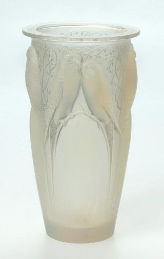 CRISTALLERIE LALIQUE ET CIE, France est. 1902 / René Lalique, France 1860–1945 / Vase: Ceylan c.1930 / Clear glass, mould-blown cylindrical shape, with a design of budgerigars, frosted finish and traces of blue staining / 24 x 13.5cm (diam.) / Purchased 1991. QAG Foundation / Collection: Queensland Art Gallery | Gallery of Modern Art