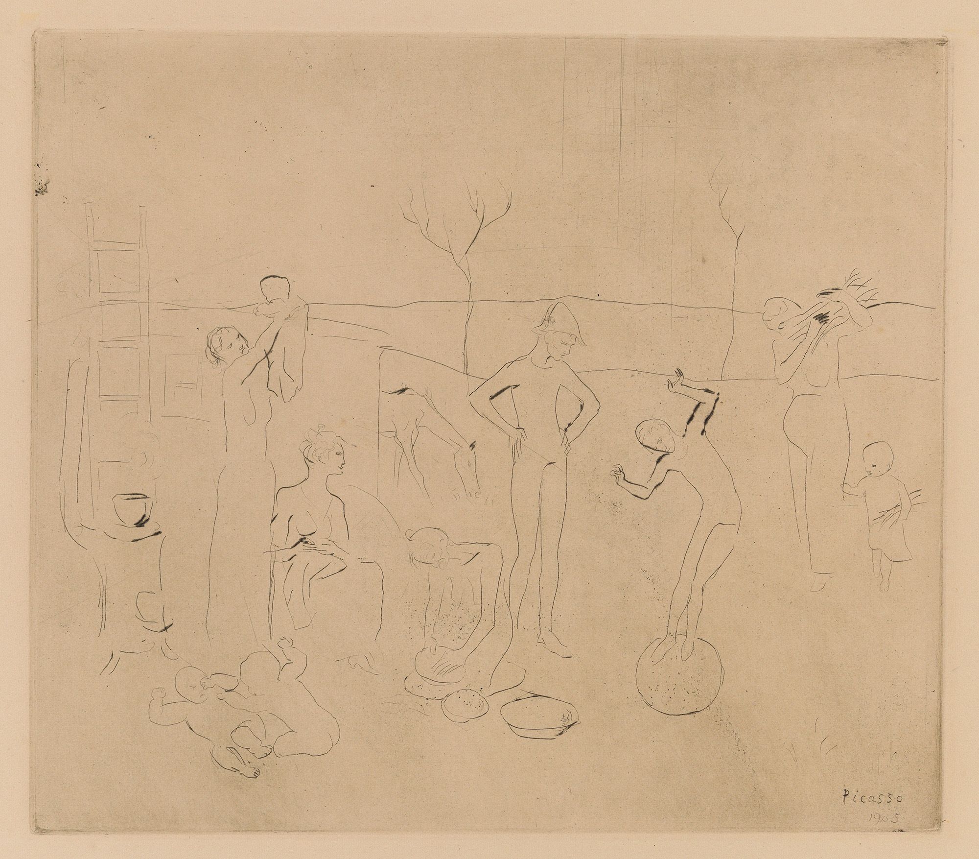 Pablo Picasso, Spain 1881–1973 / Les Saltimbanques (The circus performers) (from 'La Suite des Saltimbanques' series) 1905, published 1913 / Drypoint on Van Gelder Zonen wove paper / 31.7 x 35.2cm (sight) / Purchased 1992. QAG Foundation / Collection: Queensland Art Gallery | Gallery of Modern Art / © Succession Picasso/Copyright Agency