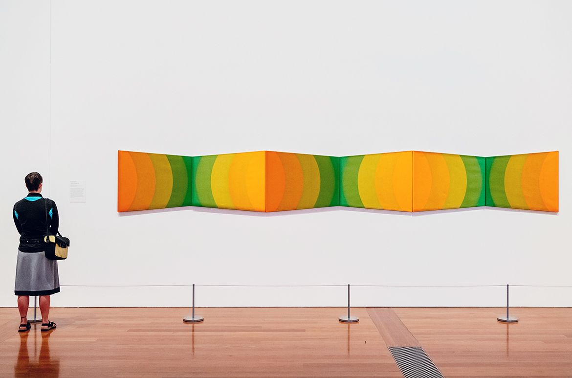 Normana Wight, Australia 1936-2026 / Untitled yellow-green 1970 / Screenprint on canvas / Six panels: 76.7 x 91.5cm (irreg., each); 76.7 x 550cm (overall) / The James C. Sourris AM Collection. Purchased 2012 with funds from James C. Sourris AM through the QAG Foundation / Collection: Queensland Art Gallery | Gallery of Modern Art / © Normana Wight Estate / Photograph: J Ruckli © QAGOMA