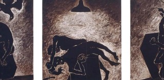 Ken Unsworth, Australia b.1931 / Night rituals (no. 10 from 'The mirror and other fables' series) 1984 / Bitumen-based and aluminium-based paints on paper / Triptych: left and right sheets:229 x 152cm (each);centre sheet: 229 x 183cm / Purchased 1996 with funds from an anonymous donor through the QAG Foundation / Collection: Queensland Art Gallery | Gallery of Modern Art / © Ken Unsworth
