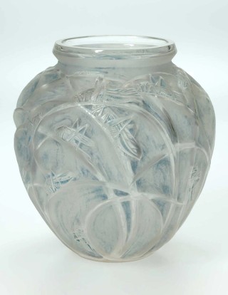 René Lalique, France 1860-1945 / Sauterelles (Grasshopper) vase designed 1912 / Mould blown frosted and clear glass with grey patina / 27 x 25.2 x 25.2cm / Purchased 2018 with funds from the Josephine Ulrick and Win Schubert Diversity Foundation through the QAGOMA Foundation / Collection: Queensland Art Gallery | Gallery of Modern Art
