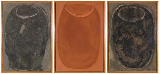 Montien Boonma, Thailand 1953–2000 / Trio 1991 / a: Charcoal, pigment and glue on paper; b: Earth, pigment and glue on paper; c: Ashes, pigment and glue on paper / Triptych: 100 x 70cm (each sheet); 101 x 71 x 3.5cm (each, framed) / Gift of Peera Ditbunjong through the QAG Foundation 2005. Donated through the Australian Government’s Cultural Gifts Program / Collection: Queensland Art Gallery | Gallery of Modern Art / © Montien Boonma Estate