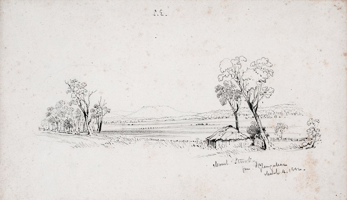 Pencil sketch by Conrad Martens of Mount Sturt from Glengallan. March 4, 1852 / nvg8Nrp1 / Collection: Mitchell Library, State Library of New South Wales / The sketch was used as the basis for the watercolour The bark hut on the plain, Darling Downs, Qld., Mount Sturt from Glengallan c.1952 on Martens return to Sydney