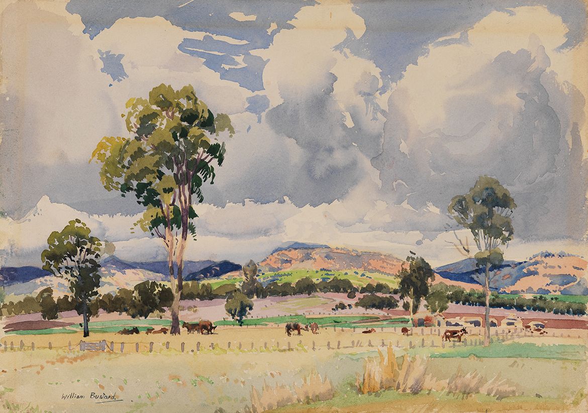 William Bustard, Australia 1894 -1973 / (Darling Downs landscape) c.1930s / Watercolour over pencil on paper / 24.5 x 35cm / Purchased 2004. Queensland Art Gallery Foundation Grant / Collection: Queensland Art Gallery | Gallery of Modern Art / © Estate of William Bustard