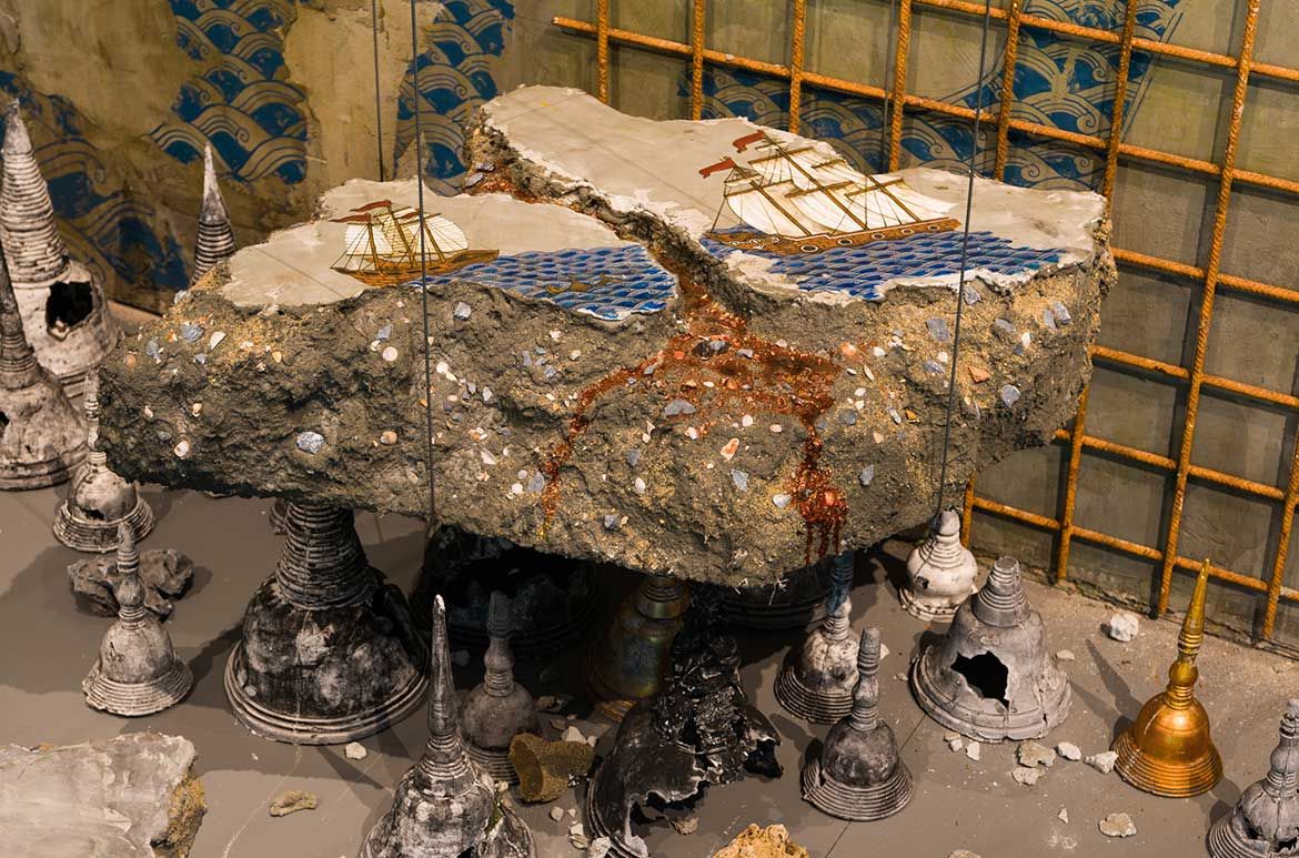 Pannaphan Yodmanee, Thailand b.1988 / In the aftermath 2018 / Found objects, artist-made icons, plaster, resin, concrete, steel, pigment / Site-specific installation, Gallery of Modern Art (GOMA) / Commissioned for ‘The 9th Asia Pacific Triennial of Contemporary Art’ (APT9) / © Pannaphan Yodmanee / Courtesy: The artist and Yavuz Gallery, Singapore