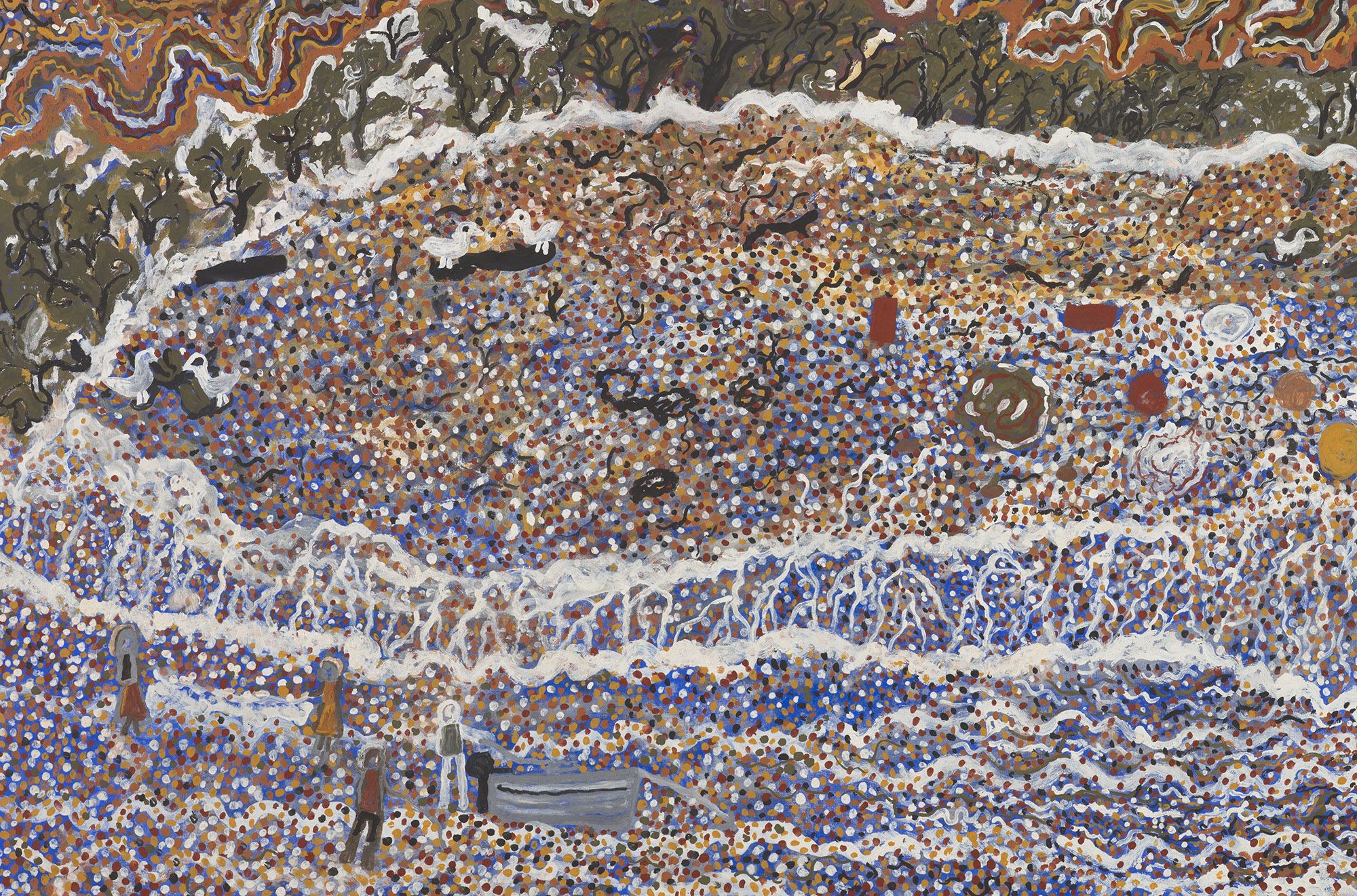 Mavis Ngallametta, Kugu-Uwanh people, Putch clan, Queensland/Australia 1944-2019 / Dragging net at Less Creek (detail) 2015 / Natural ochres and charcoal with acrylic binder on linen primed in synthetic polymer paint / 270 x 200cm / Gift of Johnny Kahlbetzer through the QAGOMA Foundation 2024. Donated through the Australian Government's Cultural Gifts Program / Collection: Queensland Art Gallery | Gallery of Modern Art / © Mavis Ngallametta Estate
