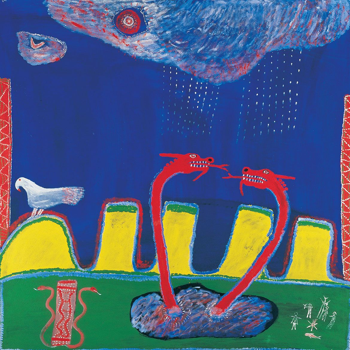 Ginger Riley Munduwalawala, Australia 1937-2002 / Garimala (The Two Snakes) 1988 / Synthetic polymer paint on canvas / Purchased 1990 with funds from ARCO Coal Australia Inc. through the Queensland Art Gallery Foundation / Collection: Queensland Art Gallery
