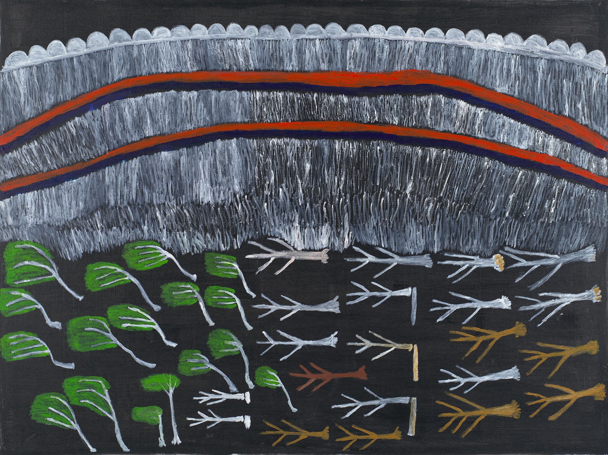 Dinny Mcdinny, Marnbaliya people, Balyarrinji skin group, Australiac.1927–2003 / Kalajangu - Rainbow Dreaming came through Marnbaliya Country 2003 / Synthetic polymer paint on canvas / 132 x 161.5cm / Purchased 2004.QAG Foundation / Collection: Queensland Art Gallery | Gallery of Modern Art / © Dinny McDinny Estate