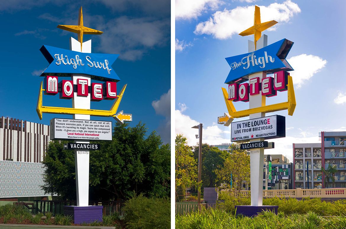 Scott Redford, Australia b.1962 / The High/ Perpetual Xmas, No Abstractions 2008 / Brick, stone, steel, aluminium, 2-pack paint, acrylic, neon glass tube, fluorescent glass tube / 990 x 466 x 140cm (above-ground dimensions) / This project received financial assistance through Arts Queensland from art+place, the Queensland Government’s Public Arts Fund / Collection: ArtsWorks Queensland / © Scott Redford / Photographs: N Harth © QAGOMA