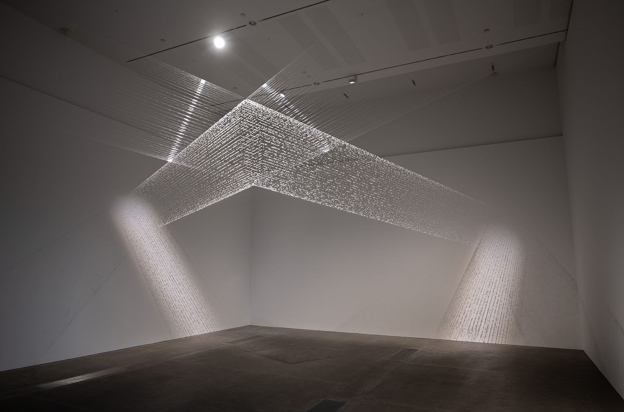 Sandra Selig, Australia b.1972 / mid-air 2003 / Nylon thread, Styrofoam / 364 x 955 x 580cm (installed, approx.) / Purchased 2004 with funds from John Potter and Roz MacAllan through the QAG Foundation / Collection: Queensland Art Gallery | Gallery of Modern Art / © Sandra Selig / Photograph: N Umek © QAGOMA