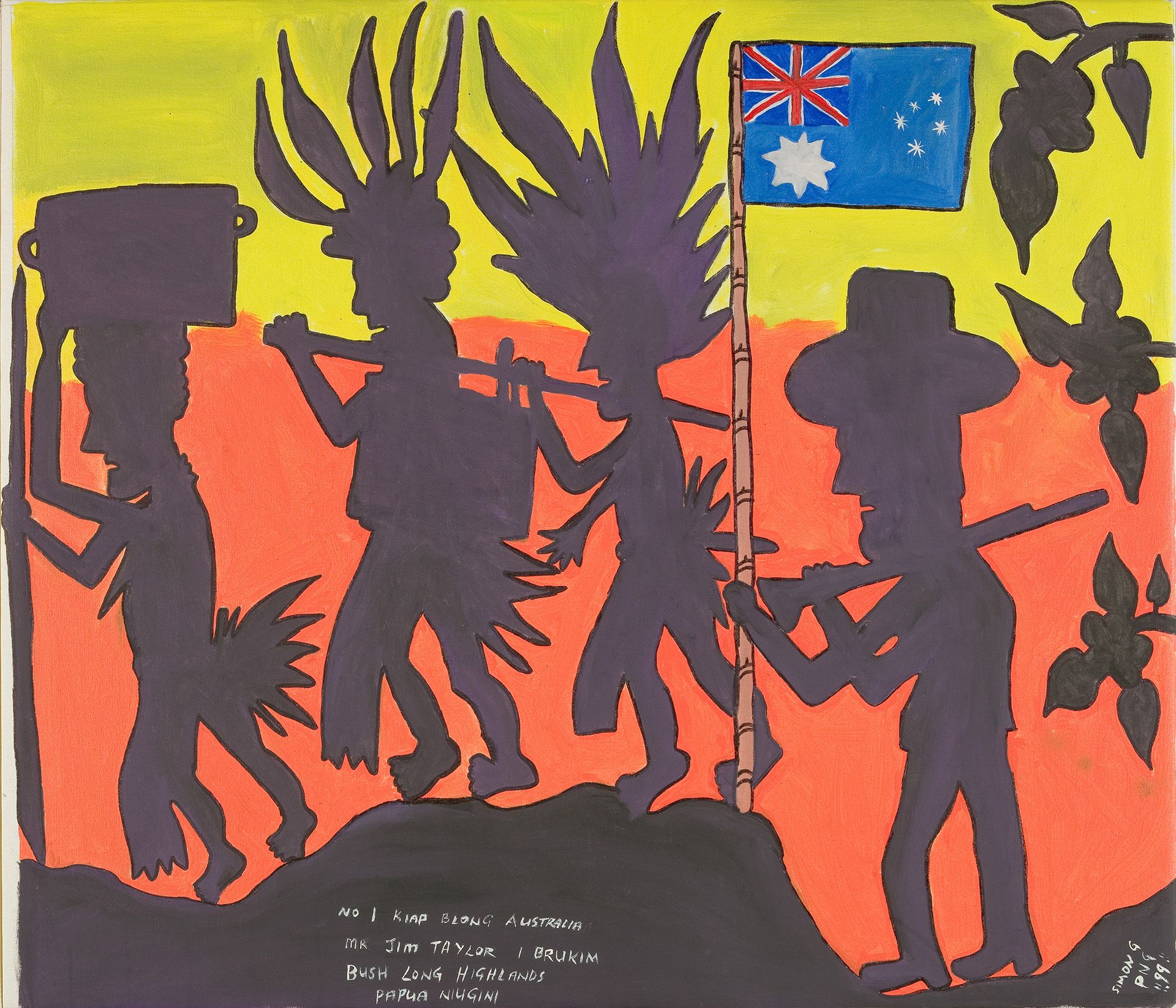 Simon Gende, Papua New Guinea b.1969 / No 1 Kiap blong Australia Mr Jim Taylor I brukim bush long Highlands Papua Niugini (The first Australian Officer, Mr Jim Taylor, in an exploratory mission in the Highlands of Papua New Guinea) 1999 / Synthetic polymer paint on canvas / Purchased 1999. Queensland Art Gallery Foundation Grant / Collection: Queensland Art Gallery / © The artist