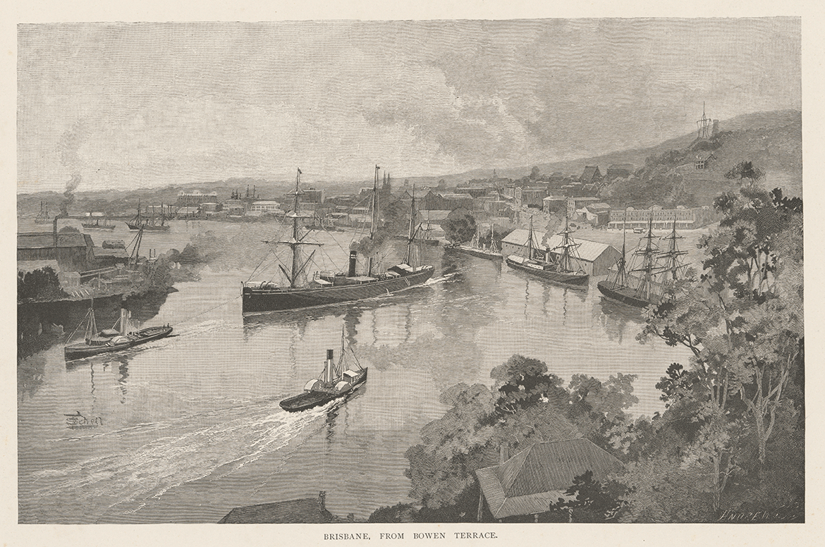 Frederic B Schell, Illustrator of Picturesque Atlas of Australasia, Vol. II United States 1838-1902 / Andrew Garran, Editor of Picturesque Atlas of Australasia, Vol. II England/Australia 1825-1901 / Brisbane from Bowen Terrace (from Picturesque Atlas of Australasia, Vol. II 1886) c.1886 / Engraving on paper / 23 x 33cm / Acc. 2012.249 / Gift of Glenn R Cooke through the Queensland Art Gallery Foundation 2012 / Collection: Queensland Art Gallery | Gallery of Modern Art