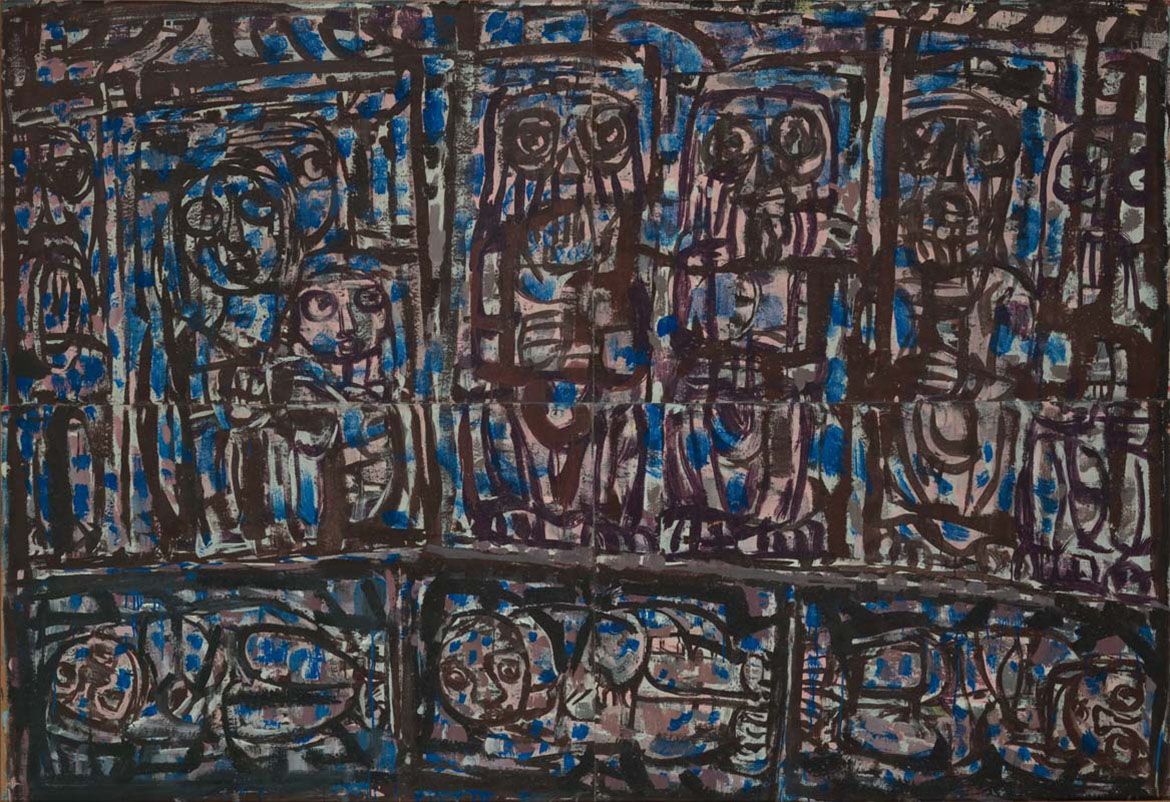 Ian Fairweather, Scotland/Australia 1891-1974 / Epiphany 1962 / Synthetic polymer paint on four sheets of cardboard on composition board / 139.6 x 203.2cm / Purchased 1962 / Collection: Queensland Art Gallery | Gallery of Modern Art / © Ian Fairweather/Licensed by Copyright Agency