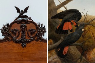(l-r) Joshua Ebenston, Australia c.1835-1877; Matthew Fern, Australia 1831-1898, ‘Glengallan’ sideboard 1868, Cedar, carved, 198 x 242 x 70cm, Purchased 1995 with funds from the Australian Decorative & Fine Arts Society (Brisbane) Inc. through and with the assistance of the QAG Foundation and the QAG Foundation Grant. Celebrating the Queensland Art Gallery’s Centenary 1895-1995 / Anthony Alder, Australia 1838-1915, (Red-tailed Black Cockatoos) c.1895, Oil on canvas, 90.7 x 70cm, Purchased 2014. QAGOMA Foundation / Collection: Queensland Art Gallery | Gallery of Modern Art