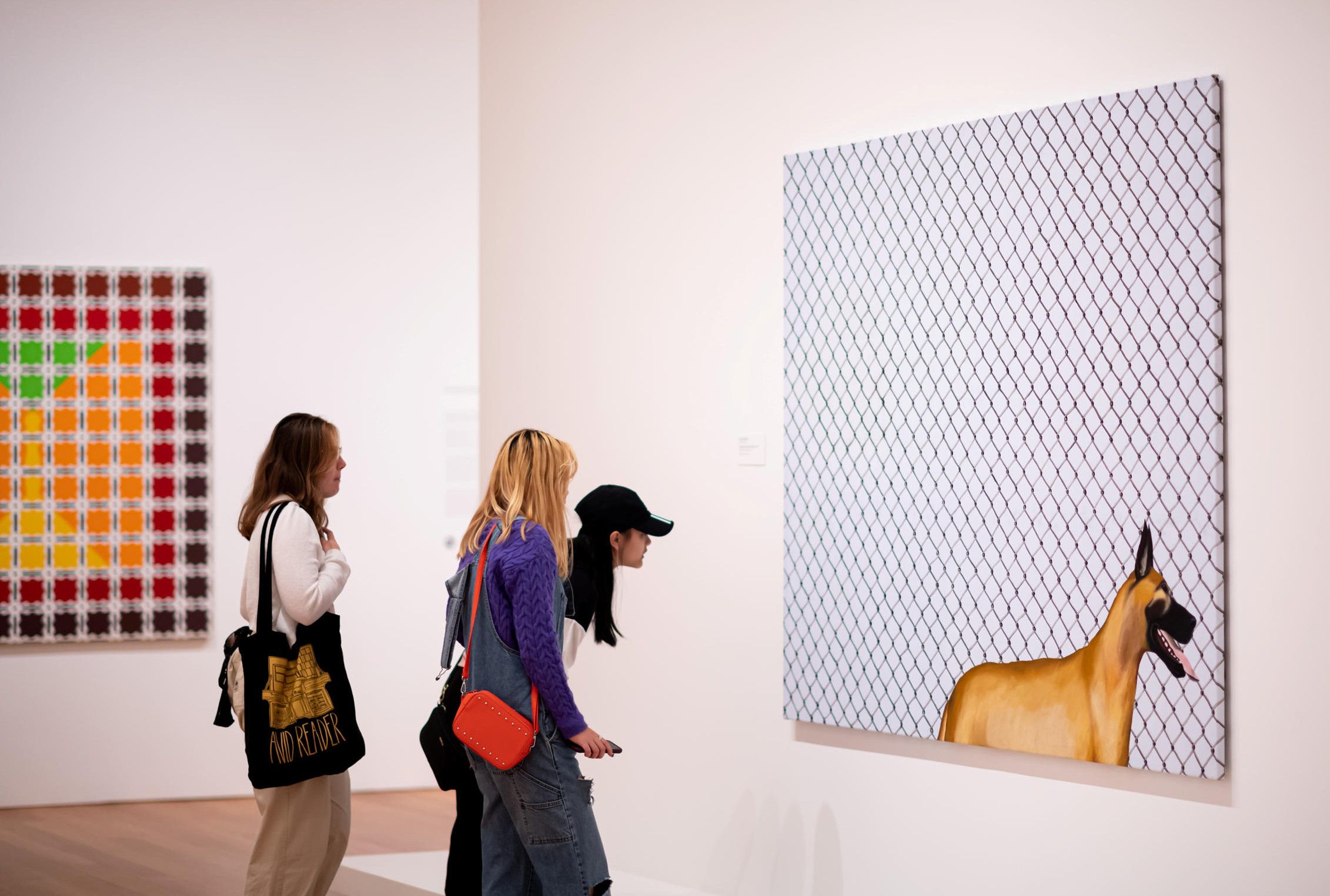Jenny Watson / Australia b.1951 / Cyclone fence with Great Dane 1972 / Oil and synthetic polymer paint on ten ounce cotton duck / 182.5 x 247.5cm / Private Collection, Sunshine Coast 