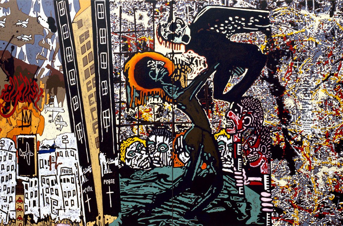 Gordon Bennett , Australia 1955-2014 / Notes to Basquiat (Jackson Pollock and His Other) 2001 / Synthetic polymer paint on linen / 2 panels: 152 x 152 cm each, 152 x 304 cm (overall) / Private Collection, Adelaide / © The Estate of Gordon Bennett