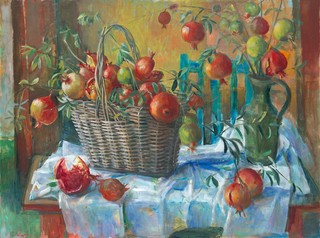 Margaret Olley, Australia 1923-2011 / Pomegranates in a basket 1967 / Oil on board / 76 x 101cm / Private collection / © Margaret Olley Art Trust