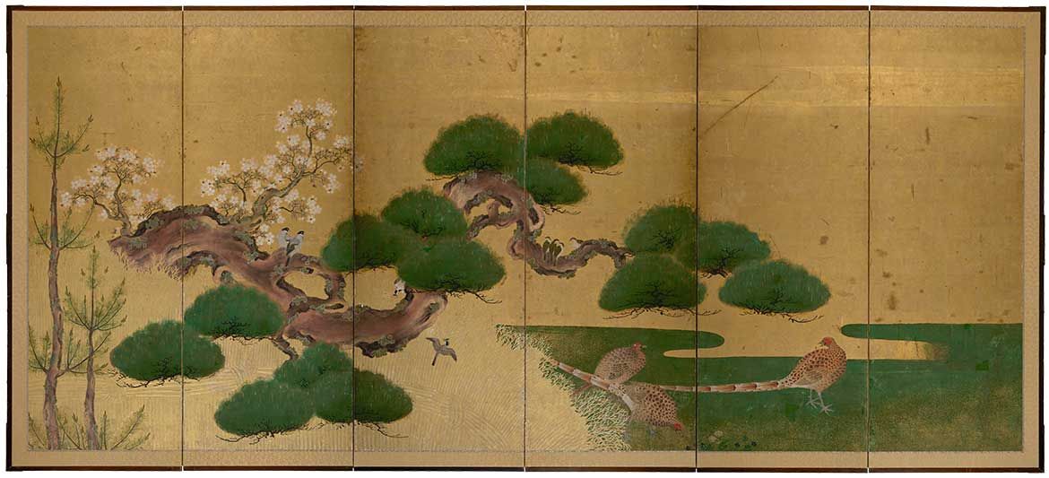 Tosa School, Japan / Pair of six-fold screens with pine trees c.1650 / Gold leaf with moriage detail and colour on paper on wooden framed screens / 165 x 374cm (each screen); 165 x 62cm (each panel) / Bequest of James Fairfax AC through the QAGOMA Foundation 2018 / Collection: Queensland Art Gallery | Gallery of Modern Art