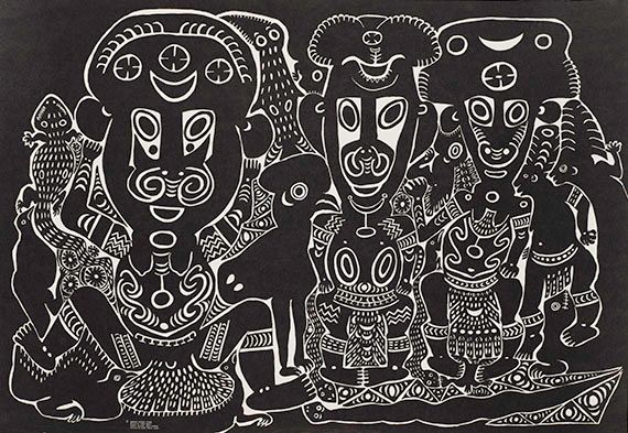 NOWEP, Simon Mopul with two female followers 147.2016 Acquisition Print Black ink on white card 39 x 55.5cm