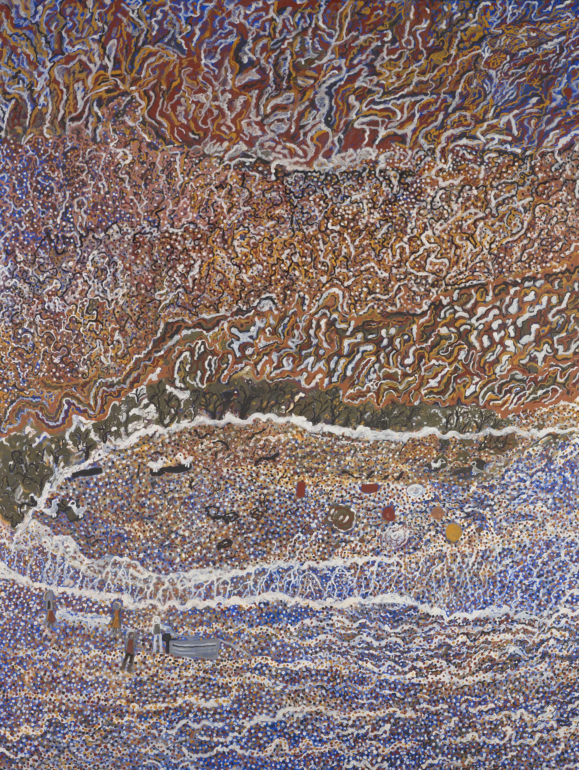 Mavis Ngallametta, Kugu-Uwanh people, Putch clan, Queensland/Australia 1944-2019 / Dragging net at Less Creek 2015 / Natural ochres and charcoal with acrylic binder on linen primed in synthetic polymer paint / 270 x 200cm / Gift of Johnny Kahlbetzer through the QAGOMA Foundation 2024. Donated through the Australian Government's Cultural Gifts Program / Collection: Queensland Art Gallery | Gallery of Modern Art / © Mavis Ngallametta Estate