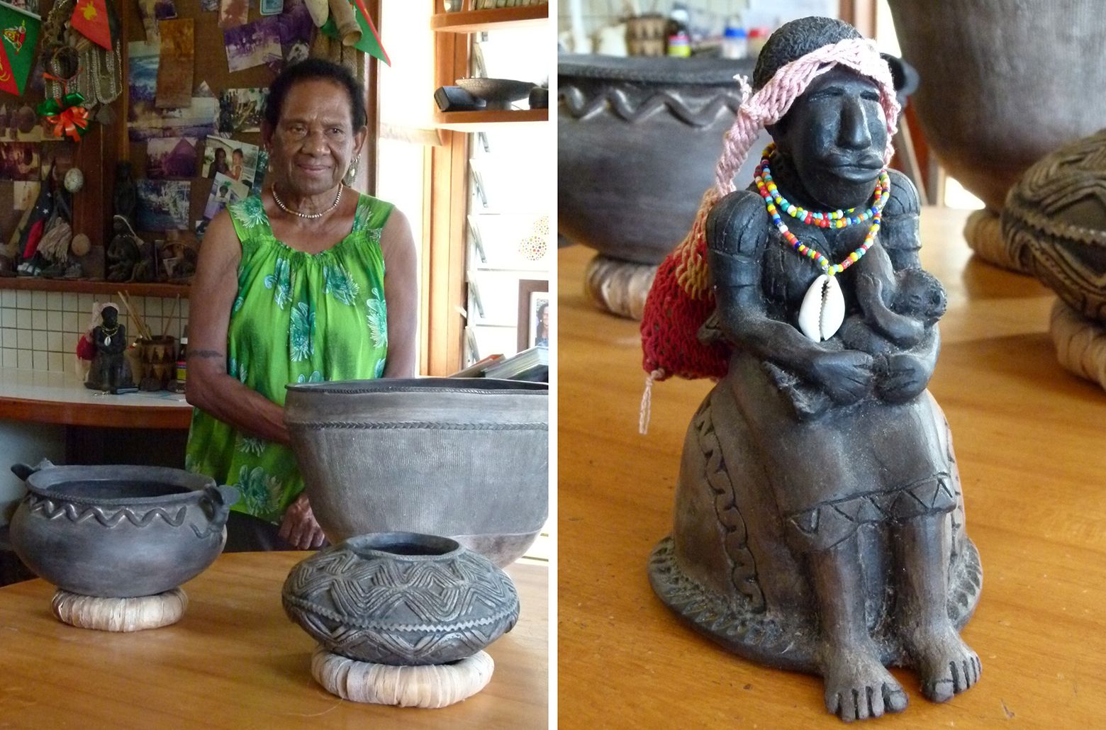 (l-r) Mary Gole at home with three pots to enter the QAGOMA collection, July 2011 / Susa mama, Hand-thrown earthenware with incised decoration, beeswax, beads, shell and cotton, Collection of the artist / Photographs: M O’Sullivan © QAGOMA