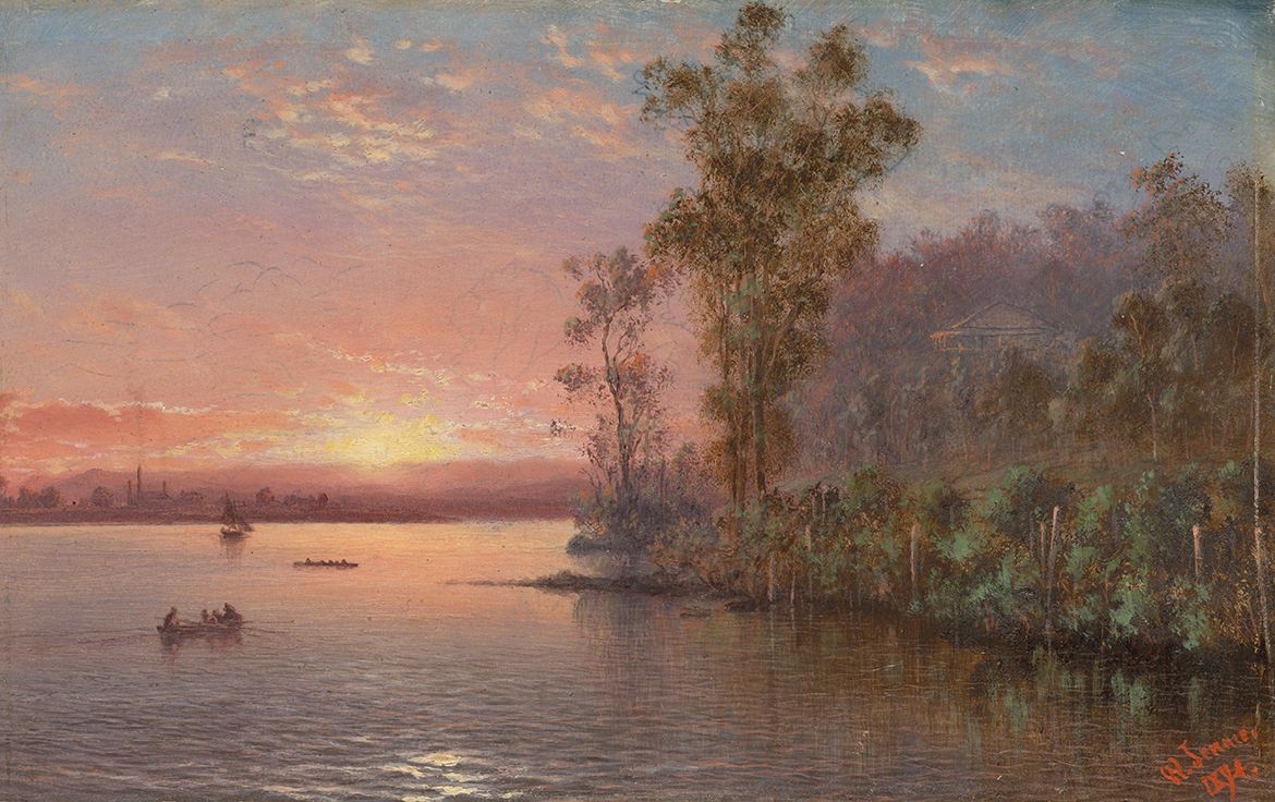 Isaac Walter Jenner, England/Australia 1836-1902 / Brisbane River, view up the river opposite the Hamilton Hotel 1894 / Oil on cardboard / 12.8 x 20.2cm / Acc. 2004.194.001 / Gift from the Estate of Dr Elizabeth (Pat) Marks through the Queensland Art Gallery Foundation 2004. Donated through the Australian Government’s Cultural Gifts Program / Collection: Queensland Art Gallery | Gallery of Modern Art