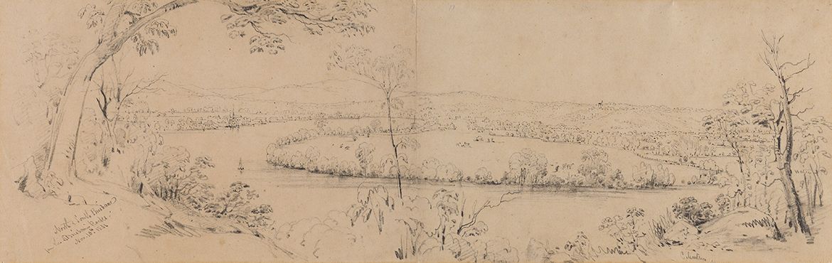 Conrad Martens, England/Australia 1801–78 / North and South Brisbane from the South Brisbane rocks 1851 / Pencil on wove paper / 18.7 x 57.8cm (comp.) / Gift of Thomas Samuel Griffith Brown 1976 / Collection: Queensland Art Gallery | Gallery of Modern Art