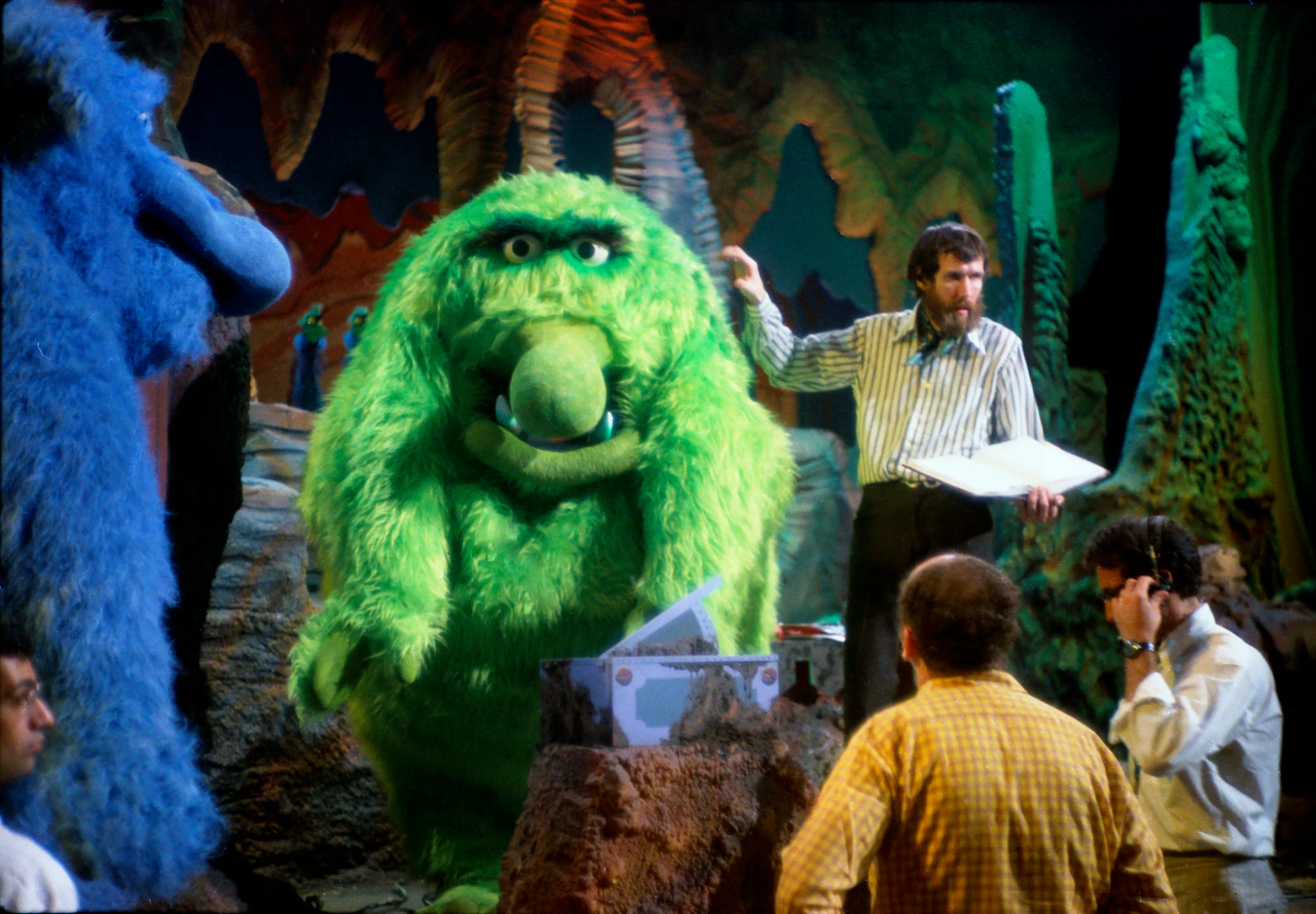 Photograph of Jim Henson with ‘Thig’ and ‘Thog’ on the set of The Great Santa Claus Switch 1970 / © The Jim Henson Company. All Rights Reserved / Image courtesy: The Jim Henson Company