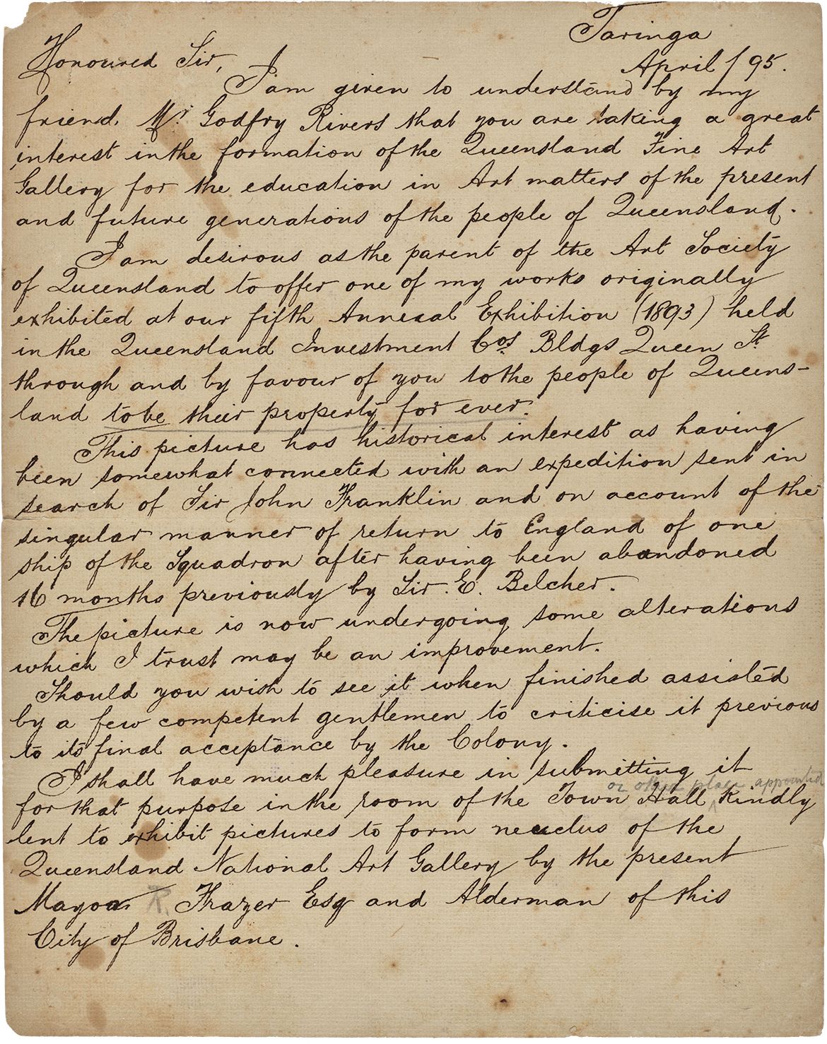 Letter from Sir Isaac Walter Jenner to Queensland National Art Gallery, April 1895 of gift of Cape Chudleigh, Coast of Labrador 1893, reworked 1895 / Collection: QAGOMA Research Library