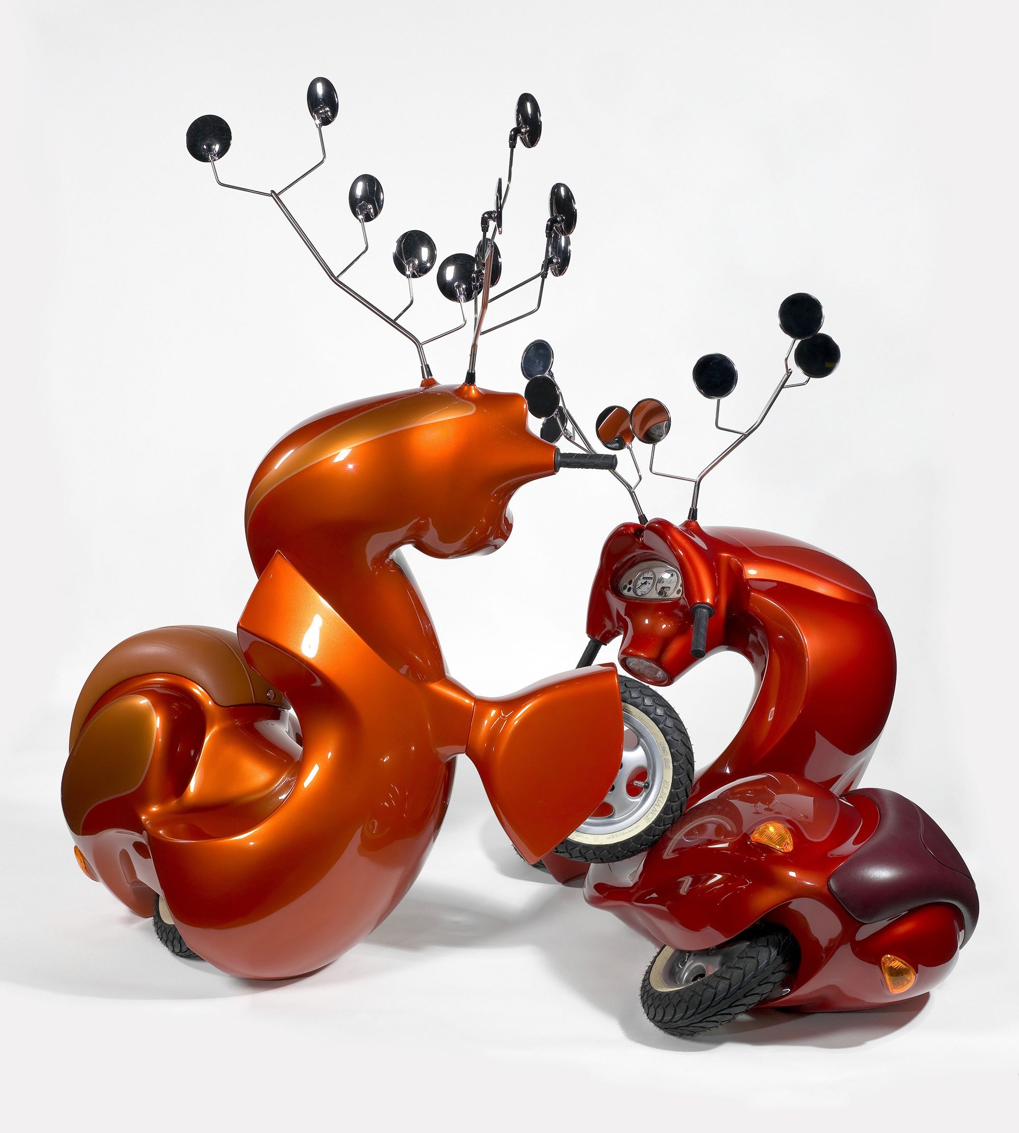 Patricia Piccinini, Australia b.1965 / The stags 2008 / Fibreglass, automotive paint, leather, steel, plastic, tyres / Two pieces: 177 x 183 x 102cm and 147 x 90 x 101cm; 196 x 224 x 167cm (installed, variable) / Purchased 2009 with funds from the Estate of Lawrence F King in memory of the late Mr and Mrs S W King through the QAG Foundation and the Queensland Government's GOMA Acquisitions Fund / Collection: Queensland Art Gallery | Gallery of Modern Art / © Patricia Piccinini