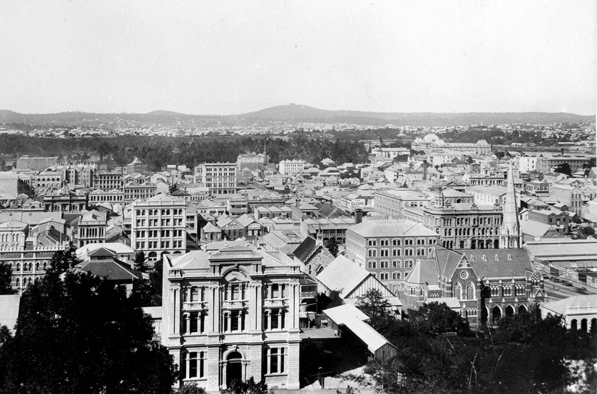 Brisbane’s central business district c.1895. The building in the foreground is the First Trades and Labour Hall on Turbot Street, erected in 1891 (demolished 1967). The Albert Street Methodist Church on the corner of Albert and Ann Streets can be seen to its right before the Albert Hall was built / 99183787998102061 / Courtesy: John Oxley Library, State Library of Queensland, Brisbane