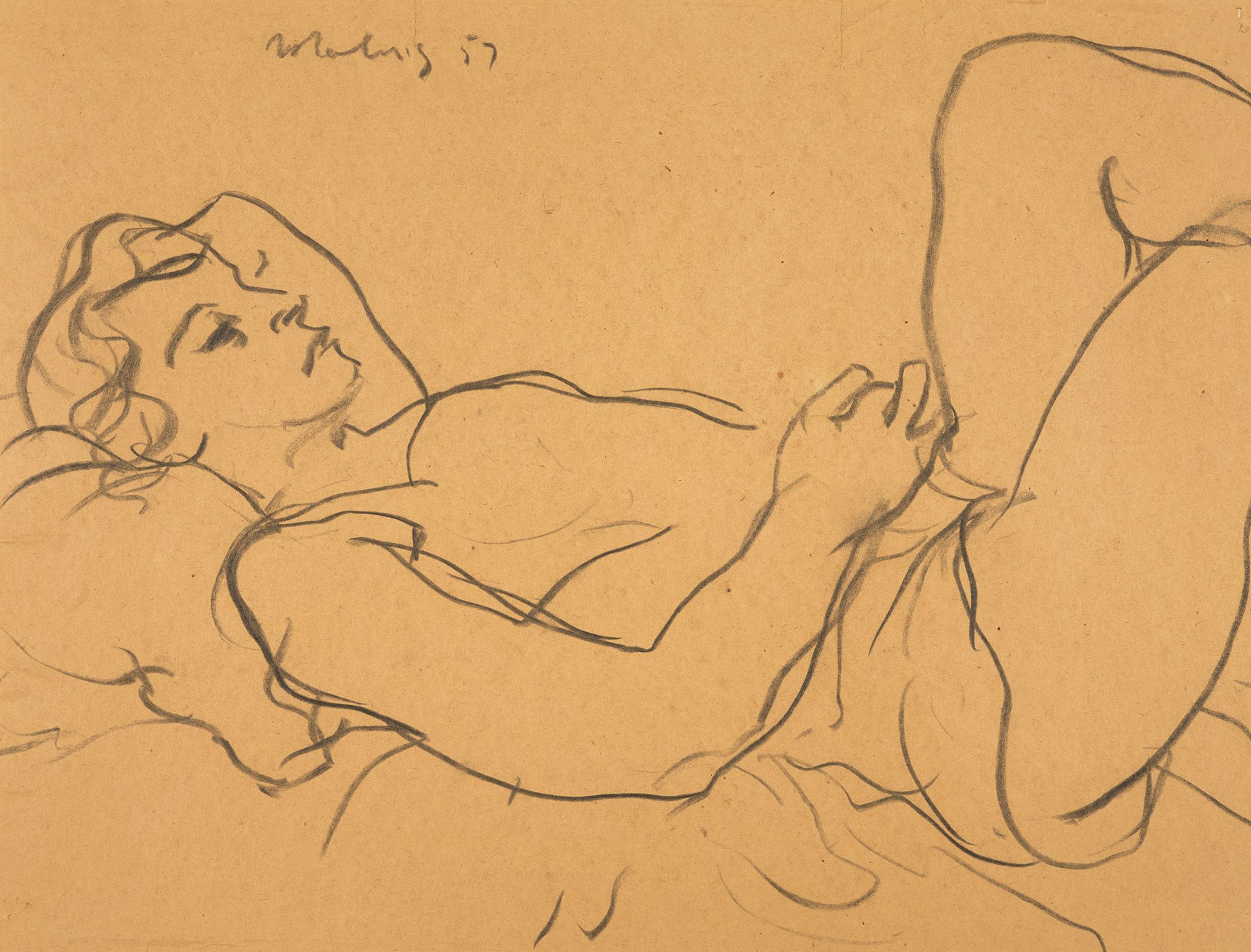 Jon Molvig, Australia 1923–70 / Maryke reclining no. 1 1957 / Charcoal on paper on hardboard / 58 x 68cm (framed) / Bequest of Maryke Degeus through the QAG Foundation 2011 / Collection: Queensland Art Gallery | Gallery of Modern Art / © Otte Bartzis