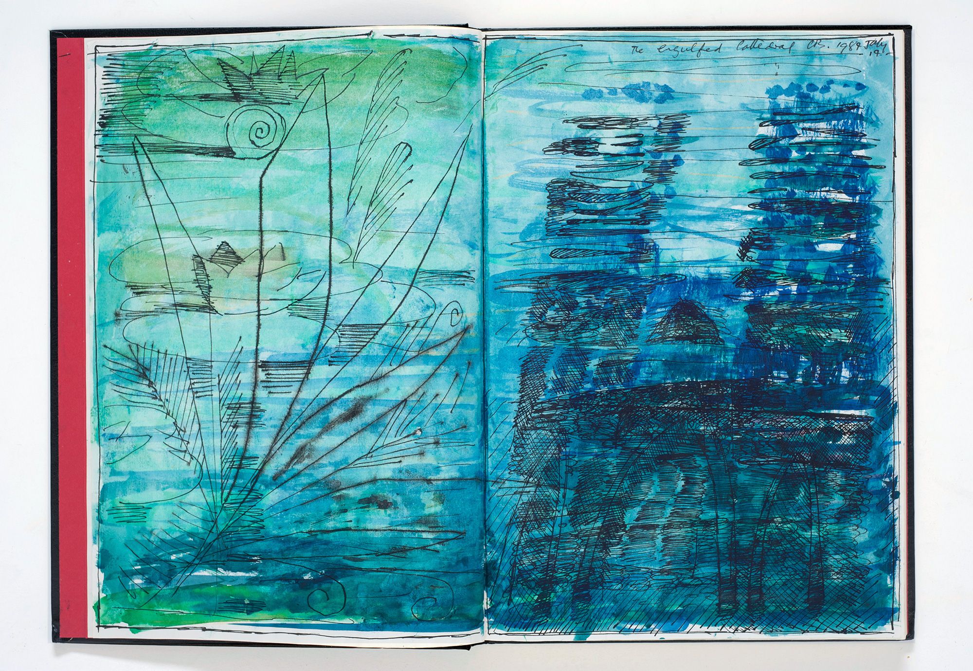 Charles Blackman, Australia b.1928 / Buderim Mt Sketchbook: Civilisation versus Eden 1984 / Full (faux) black leather sketchbook with gilt borders and red endpapers / 1 v.; ill. (some col.) / Gift of the Josephine Ulrich and Win Schubert Foundation for the Arts through the Queensland Art Gallery Foundation 2013. Donated through the Australian Government’s Cultural Gifts Program / Collection: QAGOMA Research Library / © Charles Raymond Blackman/Copyright Agency