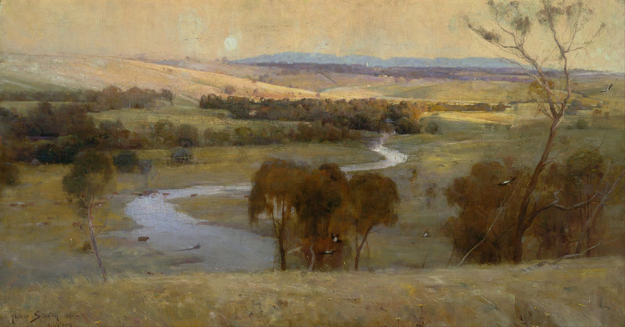 Arthur Streeton, Australia 1867–1943 / Still glides the stream, and shall for ever glide 1890 / Oil on canvas, later mounted on hardboard / 79.5 x 150.5 cm sight / Purchased 1890 / Collection: Art Gallery New South Wales