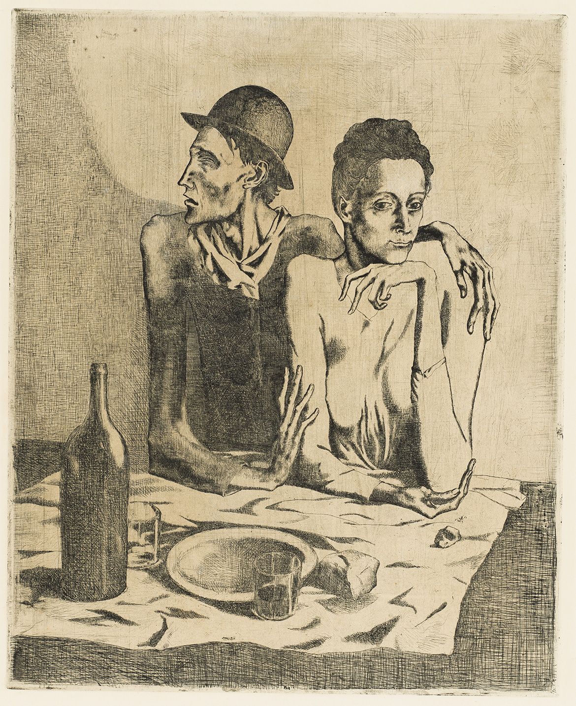 Pablo Picasso, Spain 1881-1973 / Le Repas frugal (The frugal meal) (from ‘La Suite des Saltimbanques’ series) 1904, printed 1913 / Etching and scraper on Van Gelder Zonen wove paper / 46.4 x 37.8cm (comp.) / Purchased 2015 with funds from the Margaret Olley Art Trust through the QAGOMA Foundation / Collection: Queensland Art Gallery | Gallery of Modern Art / © Pablo Picasso/ Succession Picasso. Licensed by Copyright Agency