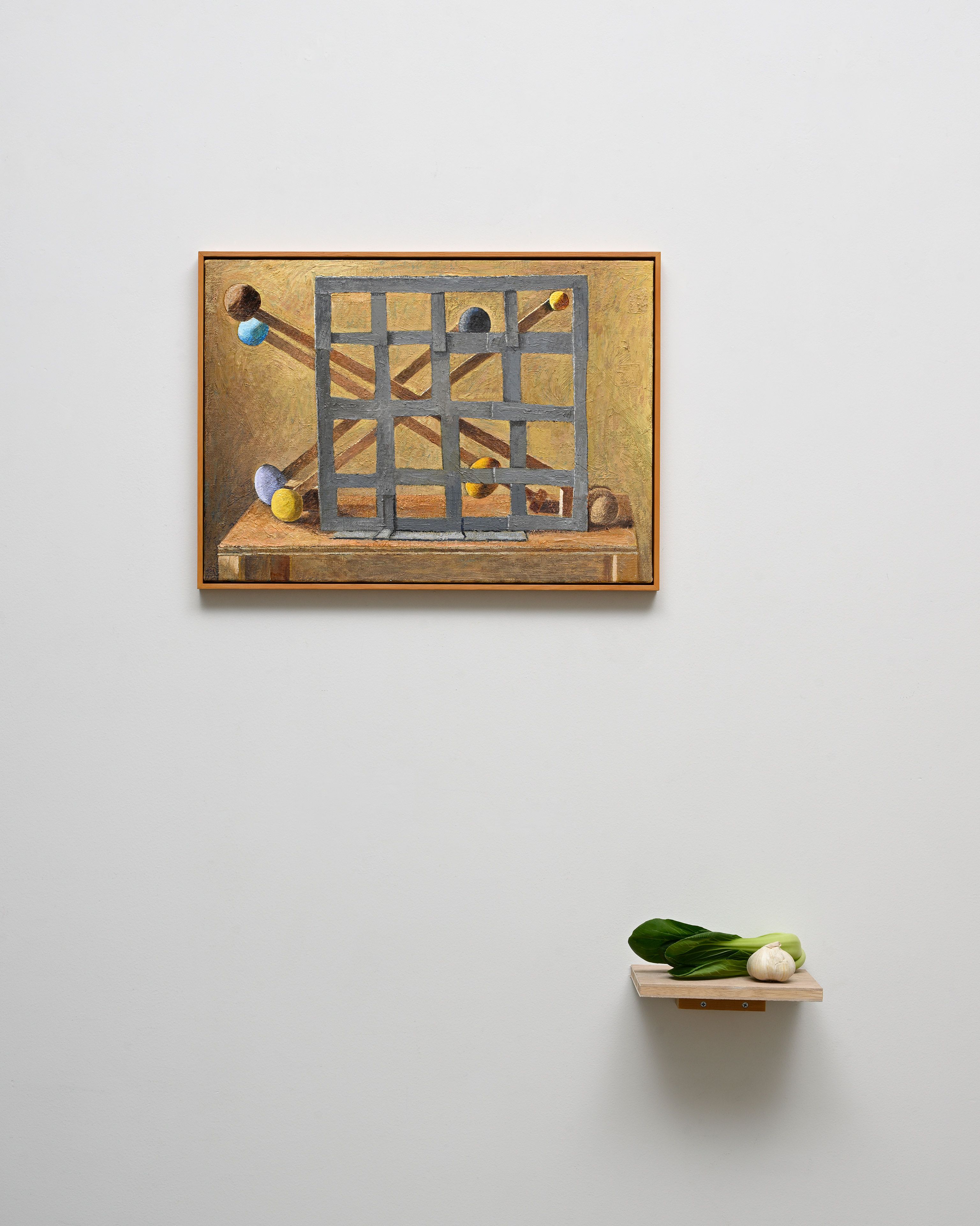 Masaya Chiba / Yokohama, Japan, b.1980 / Painting with Vegetable 9 2024 / Oil on canvas, panel, wood, vegetable painting / 40 x 55cm / Courtesy: The artist and ShugoArts, Tokyo / Photograph: Shigeo Muto