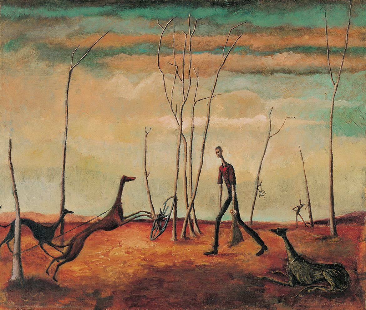 Russell Drysdale, Australia 1912-81 / Man feeding his dogs 1941 / Oil on canvas / 51.2 x 61.4cm / Gift of C.F. Viner-Hall 1961 / Collection: Queensland Art Gallery | Gallery of Modern Art / © QAGOMA