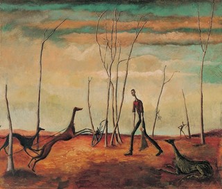 Russell Drysdale, Australia 1912-81 / Man feeding his dogs 1941 / Oil on canvas / 51.2 x 61.4cm / Gift of C.F. Viner-Hall 1961 / Collection: Queensland Art Gallery | Gallery of Modern Art / © QAGOMA