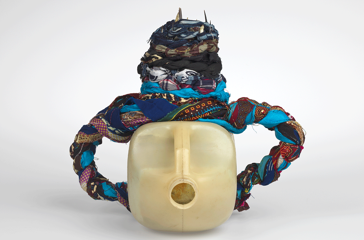 Romuald Hazoumé, Benin b.1962 / Nest Violeta 2009 / Plastic, porcupine quills and fabric / 29 x 28 x 27cm / Purchased 2010 with a special allocation from the QAG Foundation / Collection: Queensland Art Gallery | Gallery of Modern Art / © Romuald Hazoume/ADAGP/Copyright Agency