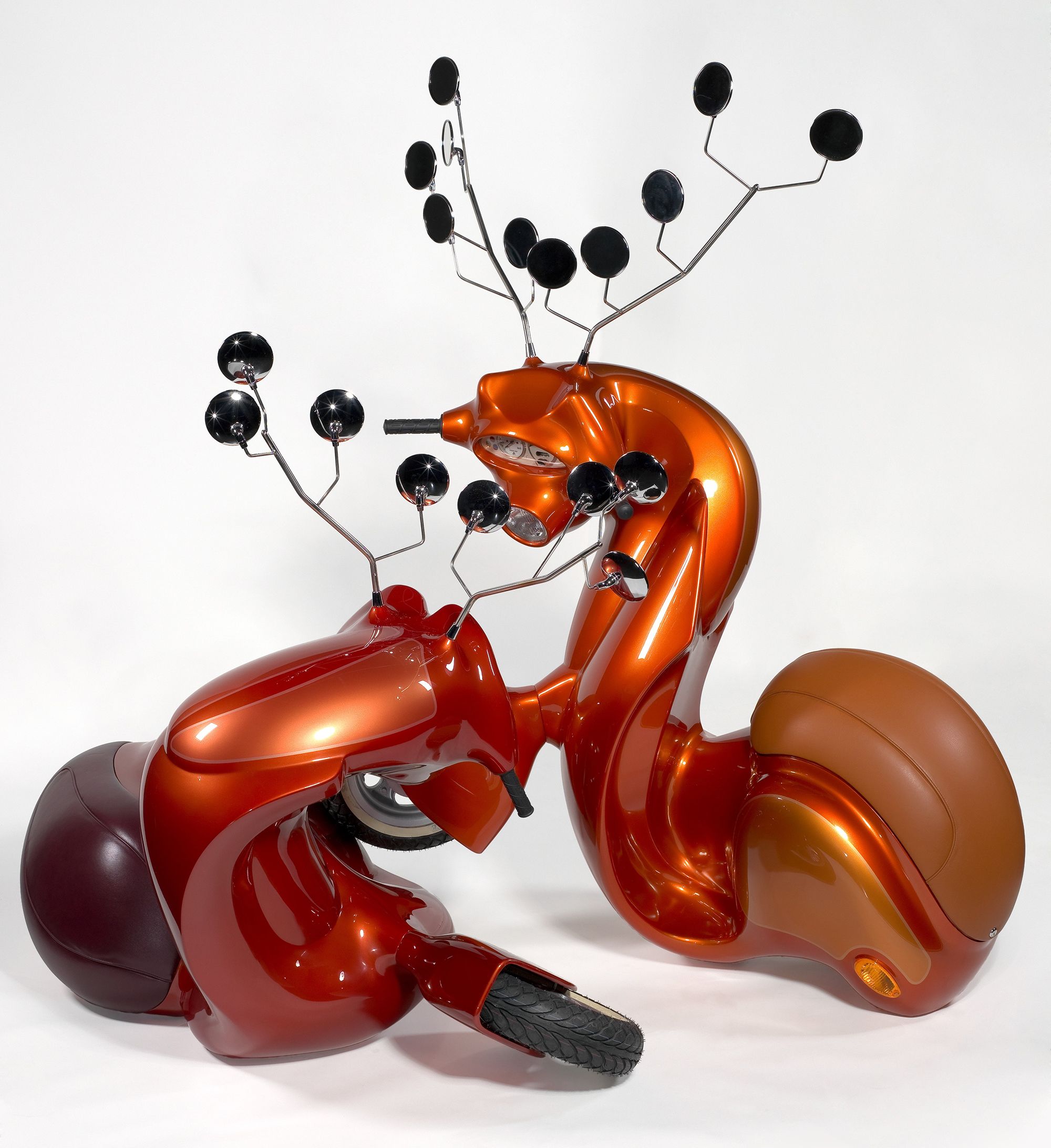 Patricia Piccinini, Australia b.1965 / The stags 2008 / Fibreglass, automotive paint, leather, steel, plastic, tyres / Two pieces: 177 x 183 x 102cm and 147 x 90 x 101cm; 196 x 224 x 167cm / Purchased 2009 with funds from the Estate of Lawrence F King in memory of the late Mr and Mrs SW King through the QAG Foundation and the Queensland Government's Gallery of Modern Art Acquisitions Fund / Collection: Queensland Art Gallery | Gallery of Modern Art / © Patricia Piccinini