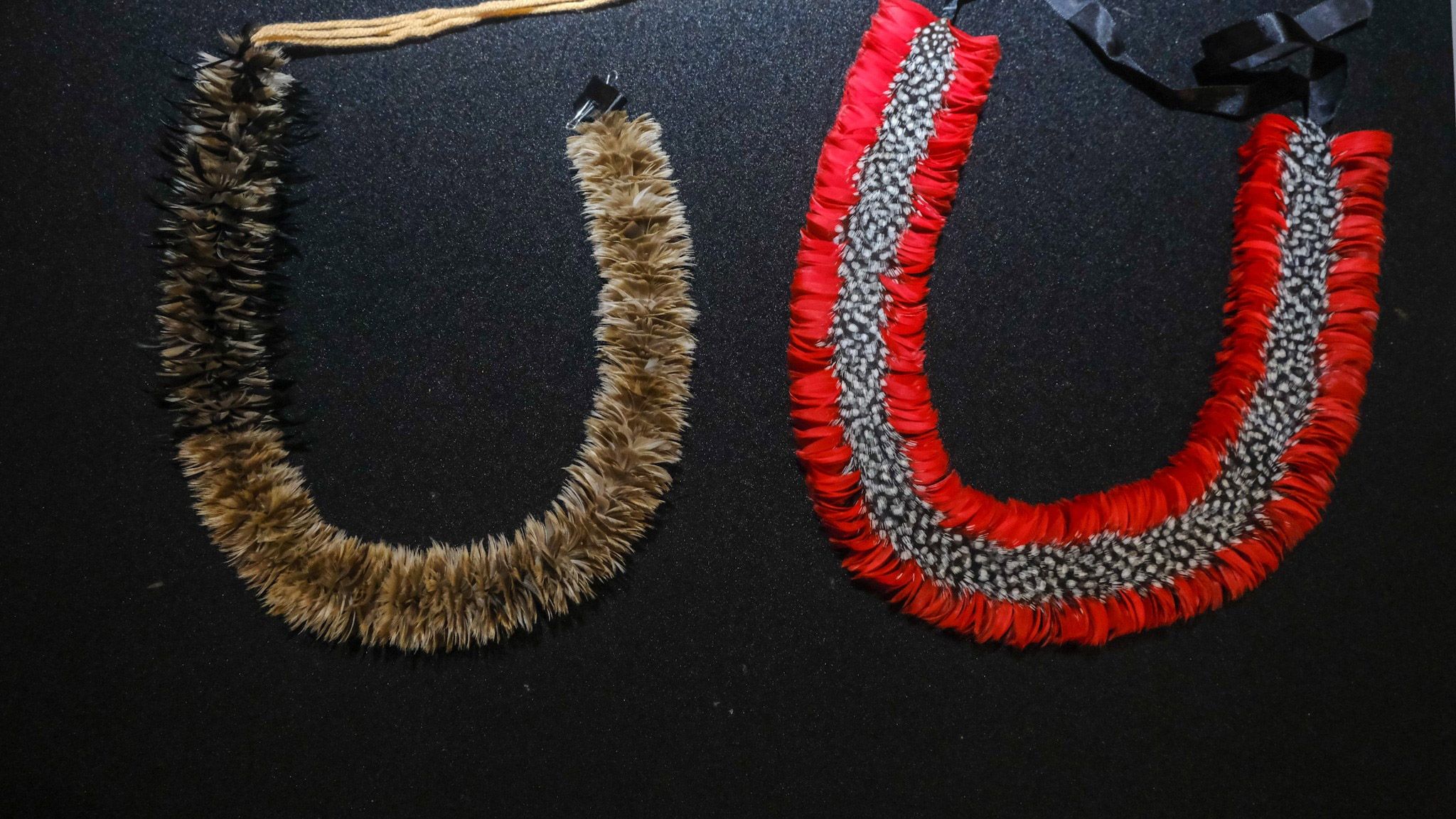 Mele Kahalepuna Chun / Honolulu, Hawai‘i, b.1969 / Hina (detail) 2024 / Feathers (goose, turkey, marabou, rooster, ringneck pheasant, guinea fowl and Lady Amherst’s pheasant), aluminium wire, floristry tape, tarred twine, satin and organza, wood, cotton thread and natural fibre cordage / Nine parts: 4 kāhili, 4 lei, 1 ‘ahu‘ula; dimensions variable / Commissioned for APT11 / Purchased 2024 with funds from David Thomas AM through the Queensland Art Gallery | Gallery of Modern Art Foundation / Collection: Queensland Art Gallery | Gallery of Modern Art