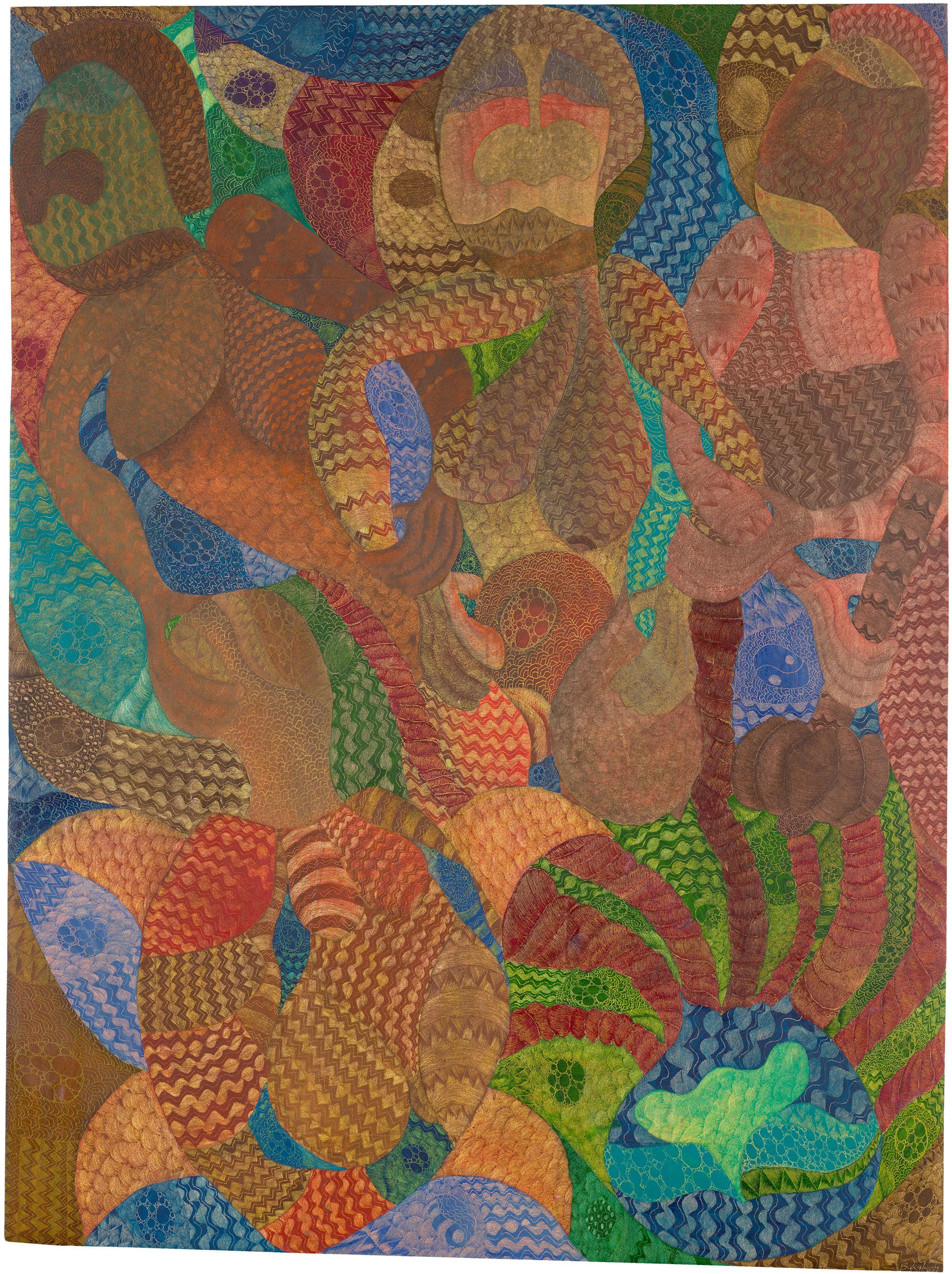 William Bakalevu, Fiji b.1961 / Viavia (Wannabe/Want to be) 2024 / Oil on canvas / 200 × 162cm / (unstretched) / Commissioned for ‘The 11th Asia Pacific Triennial of Contemporary Art’ 2024 / Purchased 2024. QAGOMA Foundation / Collection: Queensland Art Gallery | Gallery of Modern Art / © William Bakalevu
