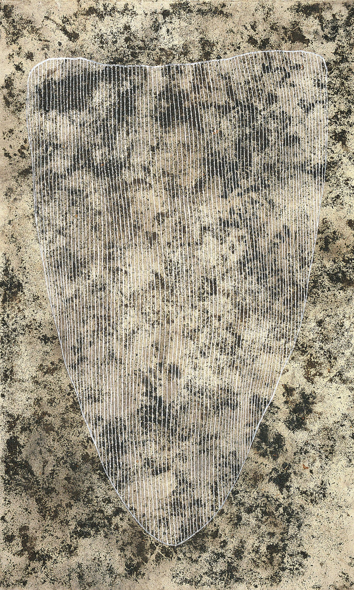 Judy Watson / Waanyi people / Australia b.1959 / burnt shield 2002 / Synthetic polymer paint, ash, charcoal on canvas / 190 x 118cm (unstretched) / Purchased 2003. The Queensland Government’s special Centenary Fund / Collection: Queensland Art Gallery | Gallery of Modern Art / © Judy Watson/Licensed by Viscopy, 2013