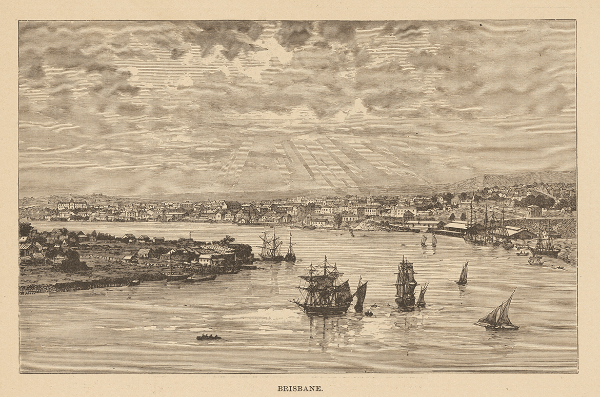 Onésime Reclus, France 1837-1916 / Brisbane (from ‘A Bird’s Eye View of the World’ 1887, page 824) c.1885-87 / Engraving on paper / 13 x 29cm / Acc. 2012.252 / Gift of Glenn R Cooke through the Queensland Art Gallery Foundation 2012 / Collection: Queensland Art Gallery | Gallery of Modern Art