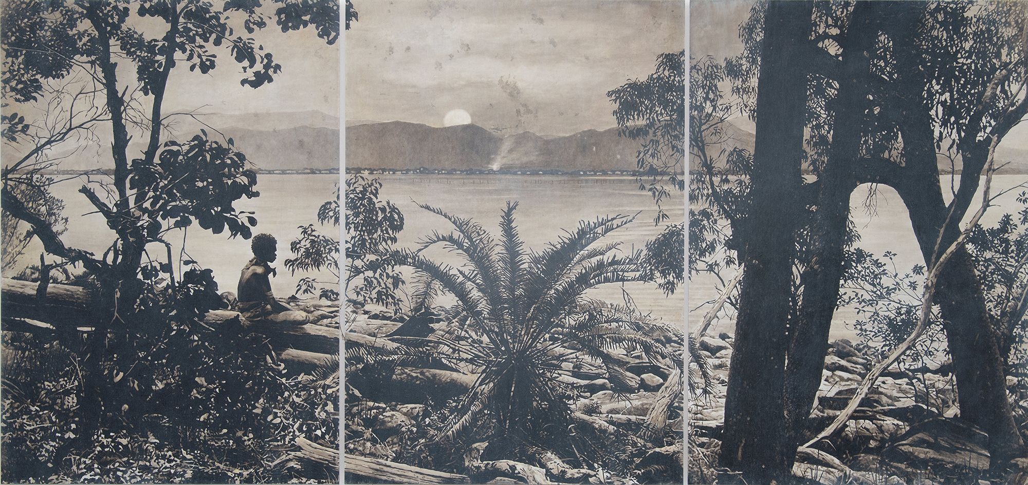 Danie Mellor, Ngadjonjii/Mamu, Australia b.1971 / On the edge of darkness (the sun also sets) 2020 / Acrylic on board with gesso and iridescent wash / 180 x 360.00 cm / Courtesy: Danie Mellor