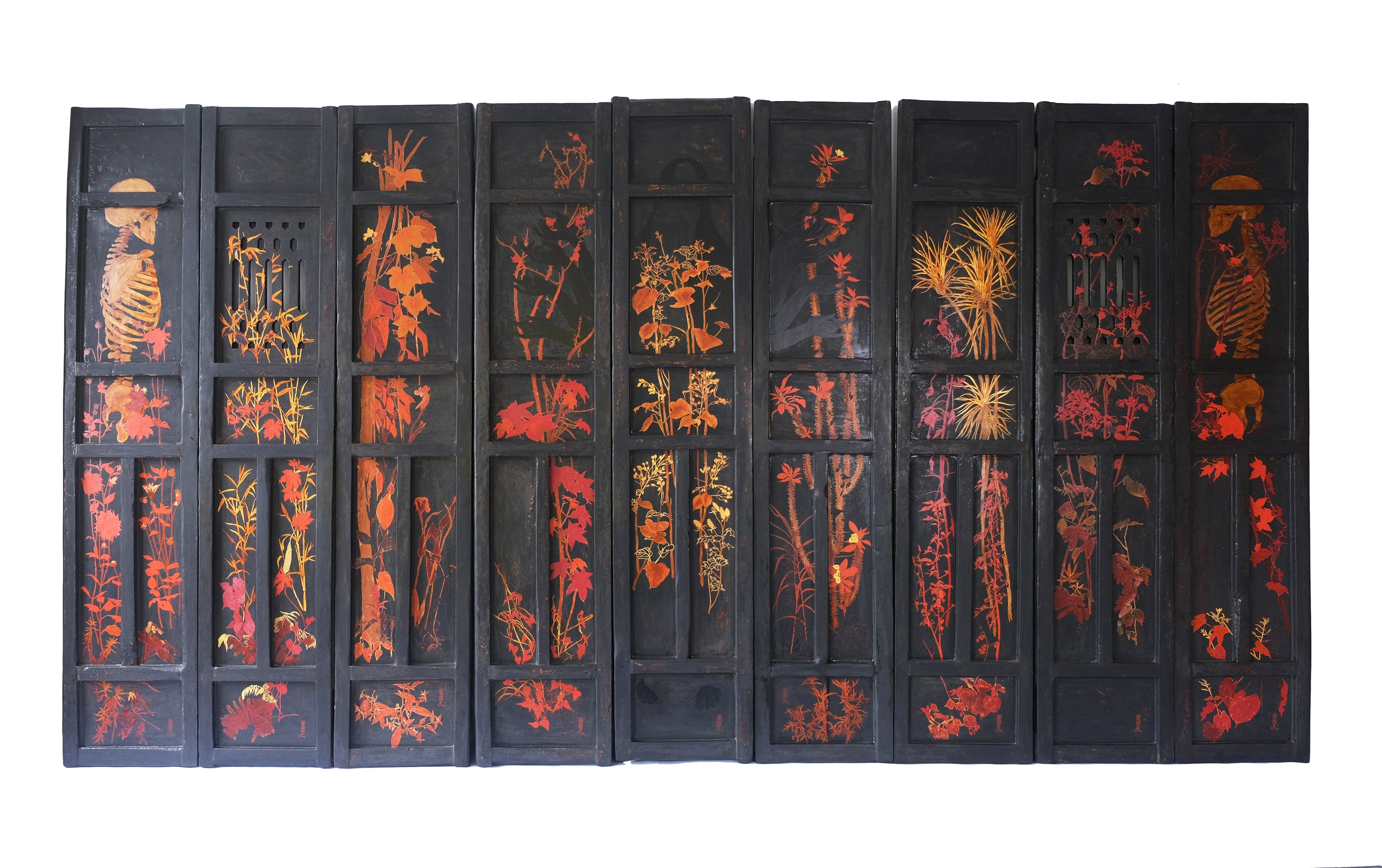 Lê Thúy / hanh Hóa, Việt Nam, b.1988 / Echo (details) 2023 / Doors: Lacquer, gold and silver leaf, mineral pigment on wood; Silk paintings: Ink, calligraphy, synthetic polymer paint and embroidery on silk / Nine doors: 186 x 38.5 x 4.5cm (each); 186 × 346.5 x 4.5cm (overall); seven silk paintings: 220 x 112cm (each) / Purchased 2024 with funds from Tim Fairfax AC through the Queensland Art Gallery | Gallery of Modern Art Foundation / Collection: Queensland Art Gallery | Gallery of Modern Art Foundation